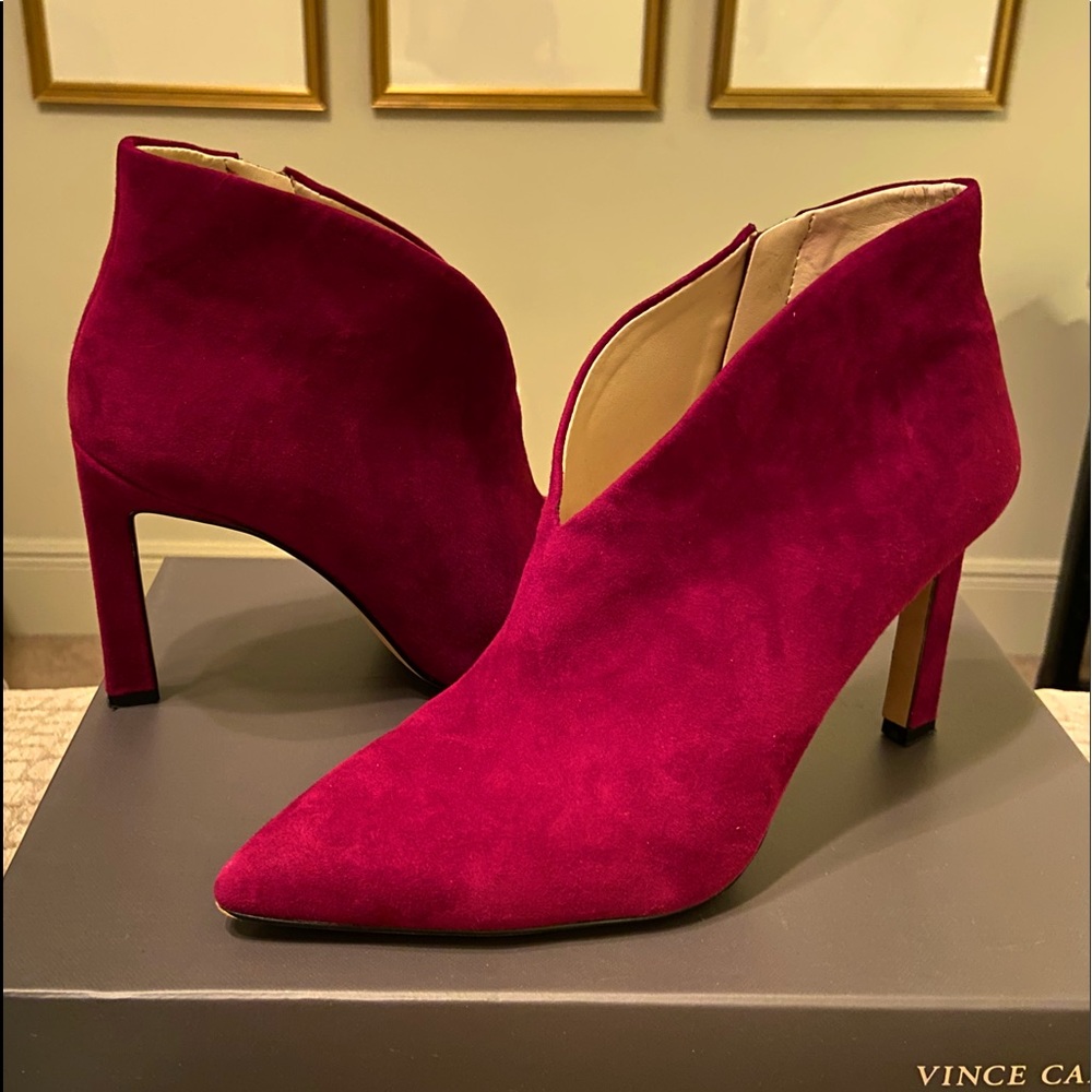 Vince Camuto Ribbon Red True Suede Booties.